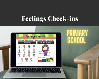 May include: A laptop computer displaying a feelings check-in chart with colorful illustrations of animals and a person. The chart is titled "Feelings Check-in" and includes the text "Sometimes, our feelings mix together to make new feelings, like sad + scared = nervous." The chart also includes the text "I am feeling..." and "I feel it in my body..." The laptop is sitting on a wooden chair with a green cushion. The text "PRIMARY SCHOOL" is displayed in yellow letters on a green background.