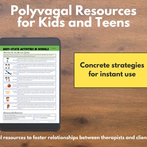May include: A digital tablet displaying a document titled "Body-State Activities in Schools" with a yellow box on the right side that reads "Concrete strategies for instant use". The document lists activities for the nervous system, such as "Two-Hand Touch", "Mirror Drawing", "Deep Breathing", "Ball Toss", "Counting Beads", "Thumb Massage", and "Recommended Resources". The tablet is on a wooden surface.