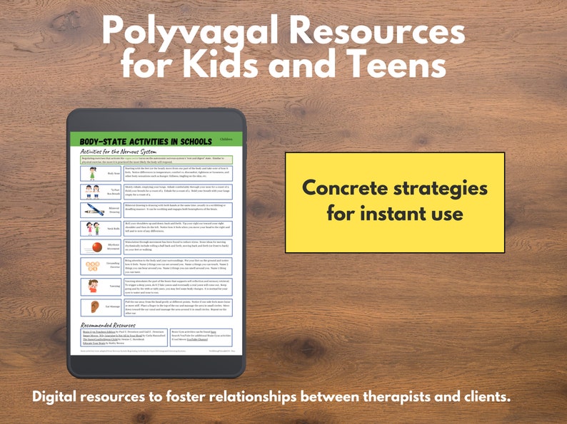 May include: A digital tablet displaying a document titled "Body-State Activities in Schools" with a yellow box on the right side that reads "Concrete strategies for instant use". The document lists activities for the nervous system, such as "Two-Hand Touch", "Mirror Drawing", "Deep Breathing", "Ball Toss", "Counting Beads", "Thumb Massage", and "Recommended Resources". The tablet is on a wooden surface.