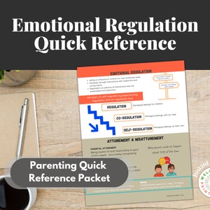 May include: A printable parenting quick reference packet with a blue and white illustration of a staircase with arrows showing the progression from regulation to co-regulation to self-regulation. The text "Emotional Regulation" is at the top of the page. The text "Parenting Quick Reference Packet" is at the bottom of the page.