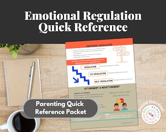 May include: A printable parenting quick reference packet with a blue and white illustration of a staircase with arrows showing the progression from regulation to co-regulation to self-regulation. The text "Emotional Regulation" is at the top of the page. The text "Parenting Quick Reference Packet" is at the bottom of the page.