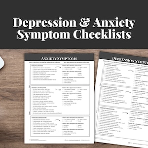 May include: Two black and white printable checklists for depression and anxiety symptoms. Each checklist has a section for feelings, physical sensations, and thoughts and behaviors. The checklists ask questions about how often you experience certain symptoms, with options for "1-3 times a month", "1-3 times a week", "1-3 times a day", "Often", "Quickly", "Most of the day", "Last for part of the day", and "Last for most of the day".