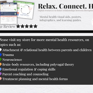 Puede incluir: Un recurso digital para profesionales de la salud mental, que presenta un p&oacute;ster imprimible con el texto "Relax. Connect. Heal." y una lista de temas como el apego, el trauma, la neurociencia y los recursos mente-cuerpo.