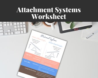 May include: A worksheet titled "Attachment Systems" with a diagram illustrating the activation of attachment and exploration systems. The diagram uses a seesaw to represent the balance between the two systems. The worksheet also includes descriptions of the secure base, exploration, and caregiving bonding.