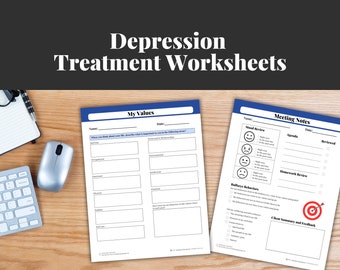 May include: Two printable worksheets for depression treatment. The first worksheet is titled "My Values" and asks the user to describe what is important to them in different areas of life. The second worksheet is titled "Meeting Notes" and includes sections for mood review, agenda, homework review, and client summary and feedback.