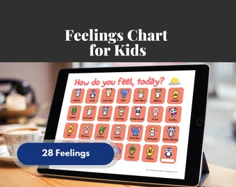May include: A digital chart on a tablet screen with the title "How do you feel, today?" and 28 colorful squares, each with a cartoon animal and a word describing a feeling. The chart is designed to help children identify and express their emotions.