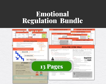 May include: A green and white graphic with the text "Emotional Regulation Bundle" and "13 Pages" in a green circle. The graphic includes several pages of worksheets with titles such as "Emotional Regulation", "Developing Coping Skills", and "Attunement & Misattunement".