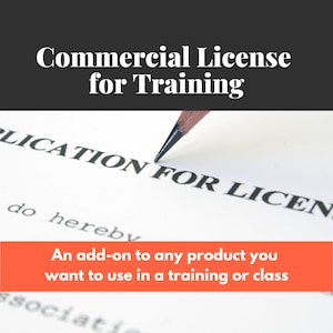 Op de afbeelding: Een close-up van een document met de titel "APPLICATION FOR LICENSE" met een potlood dat naar de titel wijst. De tekst eronder luidt "at], do hereby". Een rode box met de tekst "An add-on to any product you want to use in a training or class" bevindt zich onderaan de afbeelding.