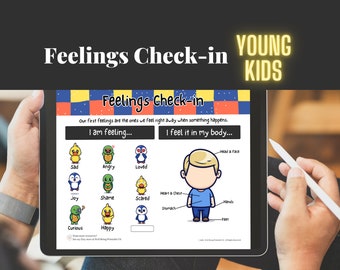 May include: A digital tablet screen displaying a feelings check-in chart for young children. The chart features cartoon images of animals representing different emotions, such as sad, angry, loved, joy, shame, scared, curious, and happy. The chart also includes a cartoon illustration of a person with labeled body parts, such as head, chest, hands, and feet, to help children identify where they feel emotions in their bodies.