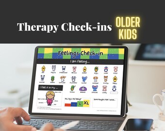 May include: A digital tablet displaying a "Feelings Check-in" chart for older kids. The chart features cartoon illustrations of various emotions, with sections for identifying feelings and their intensity. The text "Therapy Check-ins" and "OLDER KIDS" are visible.