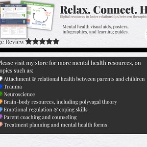 May include: A digital resource for mental health professionals, featuring a printable poster with the text "Relax. Connect. Heal." and a list of topics such as attachment, trauma, neuroscience, and brain-body resources.