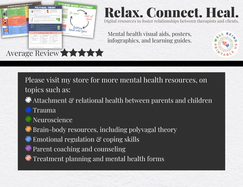May include: A digital resource for mental health professionals, featuring a printable poster with the text "Relax. Connect. Heal." and a list of topics such as attachment, trauma, neuroscience, and brain-body resources.