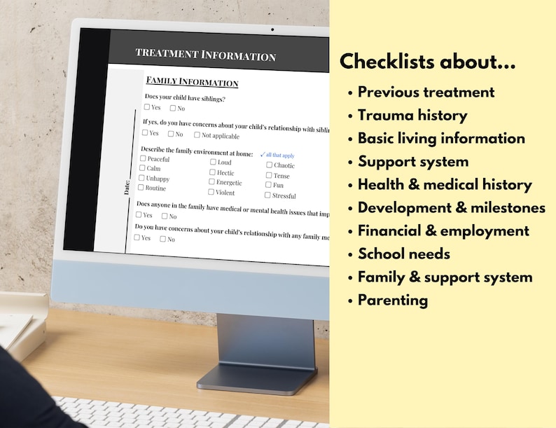 Puede incluir: Una pantalla de computadora que muestra una lista de verificaci&oacute;n para informaci&oacute;n familiar y tratamiento. La lista de verificaci&oacute;n incluye preguntas sobre hermanos, el entorno familiar y la salud mental. La pantalla tambi&eacute;n muestra una lista de listas de verificaci&oacute;n sobre tratamientos previos, historial de traumas, informaci&oacute;n b&aacute;sica sobre la vida, sistema de apoyo, historial m&eacute;dico y de salud, desarrollo y hitos, finanzas y empleo, necesidades escolares, familia y sistema de apoyo, y crianza de los hijos.