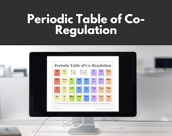 May include: A computer screen displaying a colorful chart titled "Periodic Table of Co-Regulation". The chart is divided into a grid with different colored squares, each containing a letter abbreviation. The text at the bottom of the chart reads "For all ages, always offer warmth, nurturing, and clear rules, consequences and boundaries."
