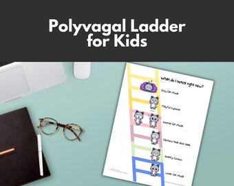 May include: A printable polyvagal ladder for kids, featuring a cartoon cat in different states of being. The ladder has a yellow, orange, pink, green, blue, and purple background. The text on the ladder reads "What do I notice right now?" and lists the following states: "Cozy Cat Mode", "Playful Explorer", "Zoomie Cat Mode", "Cautious Hide-and-Seek", "Quietly Curious", and "Loner Cat Mode".