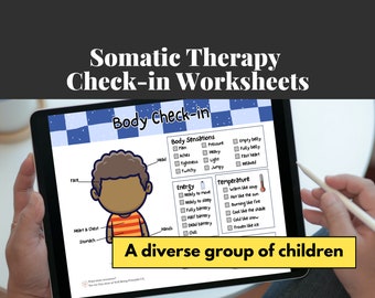 May include: A digital tablet displaying a printable worksheet for children to check in with their bodies. The worksheet features a cartoon illustration of a child with a checklist of body sensations, energy levels, and temperature.