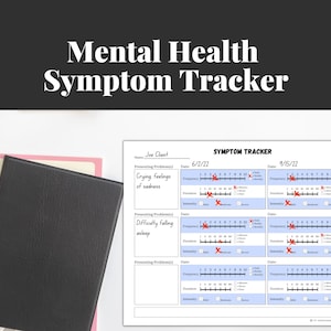 Puede incluir: Un rastreador de síntomas de salud mental imprimible con un diseño azul y blanco. El rastreador incluye secciones para "Llorar sentimientos de tristeza" y "Dificultad para conciliar el sueño".