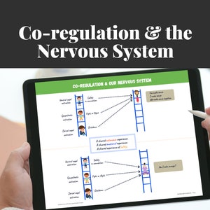 May include: A digital illustration on a tablet screen shows a ladder with a person climbing up. The ladder represents the nervous system and the person's emotional state. The text "Co-regulation & Our Nervous System" is at the top of the screen.