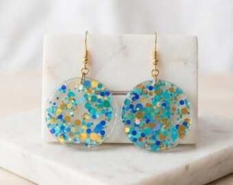 Teal, Blue and Gold Confetti Earrings