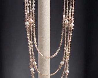 Vintage Ivory & White Pearl with Champagne Crystal Necklace Stack