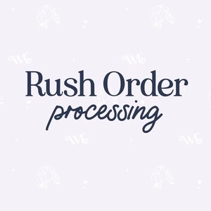 May include: A light purple background with a repeating pattern of white floral designs and stars. The words "Rush Order processing" are written in dark blue, with "Rush Order" in a serif font and "processing" in a cursive font.