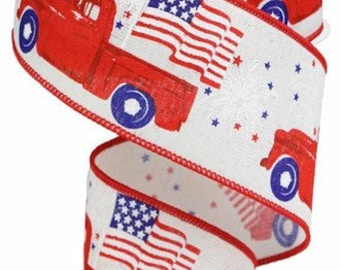 Red Truck Wired Ribbon, Patriotic Americana Wreath and Bow Supply, Flag Craft Ribbon, 2.5 Inch x 10 Yards