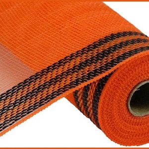 May include: A roll of orange and black checkered mesh ribbon. The ribbon has a black and orange stripe pattern.