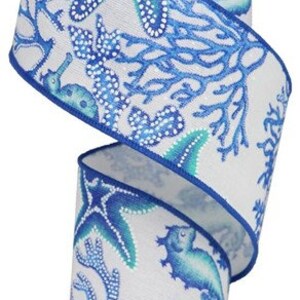 Seahorse, Coral and Starfish Wired Ribbon, Craft Supplies for Making Handmade Wreaths, Blue/White 2.5 inches x10 Yards) RW786403