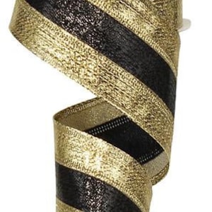 May include: Gold and black striped ribbon with a metallic sheen. The ribbon is 2.5 inches wide and is perfect for adding a touch of elegance to any craft project.