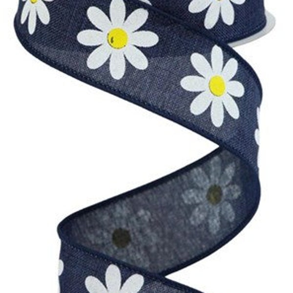 Daisy Wired Ribbon, Blue White, Craft Supply to Make Wreath & Bow, 1.5 Inches x 10 yard, Spring, Summer, Flower, Mother, Easter RGC130819