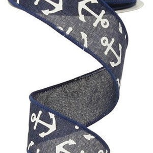 Anchor Wired Ribbon, Navy Blue & Ivory Ribbon, Nautical Themed Ribbon, Boating, Anchor Ribbon, Beach Ribbon, 1.5 inch x 10 Yard RG0148819