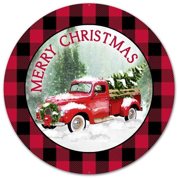 Plaid "Merry Christmas" Truck Tin Metal Farm Truck  Door Wreath Sign: Red Green Black White -12 inches round - MD0443, Wreath Centerpiece