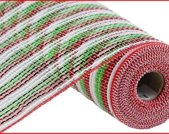 Christmas Foil Stripe Poly Deco Mesh: White, Lime & Red, 10" x 10 Yards
