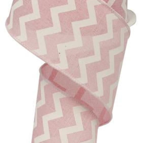 Girl Baby Shower Ribbon, Pink & White Chevron Wired Ribbon, Ribbons for Making Wreaths , 2.5 inches x 10 Yards (30 feet)