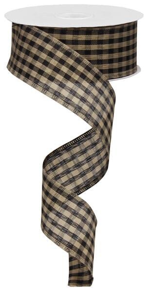 Primitive Gingham Check Wired Ribbon: Black Tan - 1.5 Inches