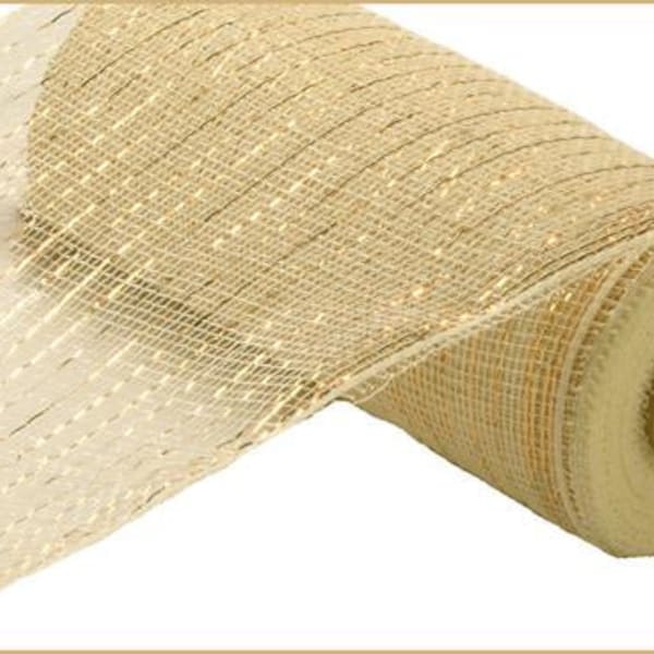 Cream Deco Poly Mesh, Ivory Metallic, 10 inches X 10 yard, DIY Easter Spring, Wedding Christmas E130172