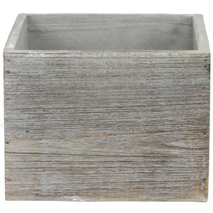 May include: A square wooden planter box with a distressed gray finish. The planter has a rustic look and is made of natural wood.