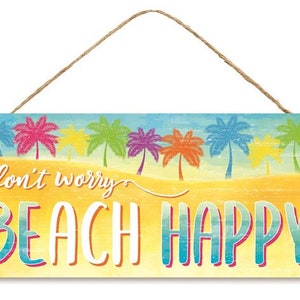 Corona tropical para puerta "Don't Worry Beach Happy": Amarillo, azul, blanco y rosa - 32,5 x 15 cm - AP7126, Centro de mesa