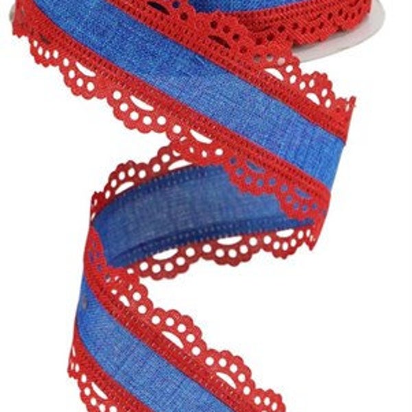 Patriotic Wired Ribbon for Creating Festive & Cheerful Fourth of July Wreaths, Scallop Red Blue, 1.5 Inch x 10 Yard, July 4, America, Flag