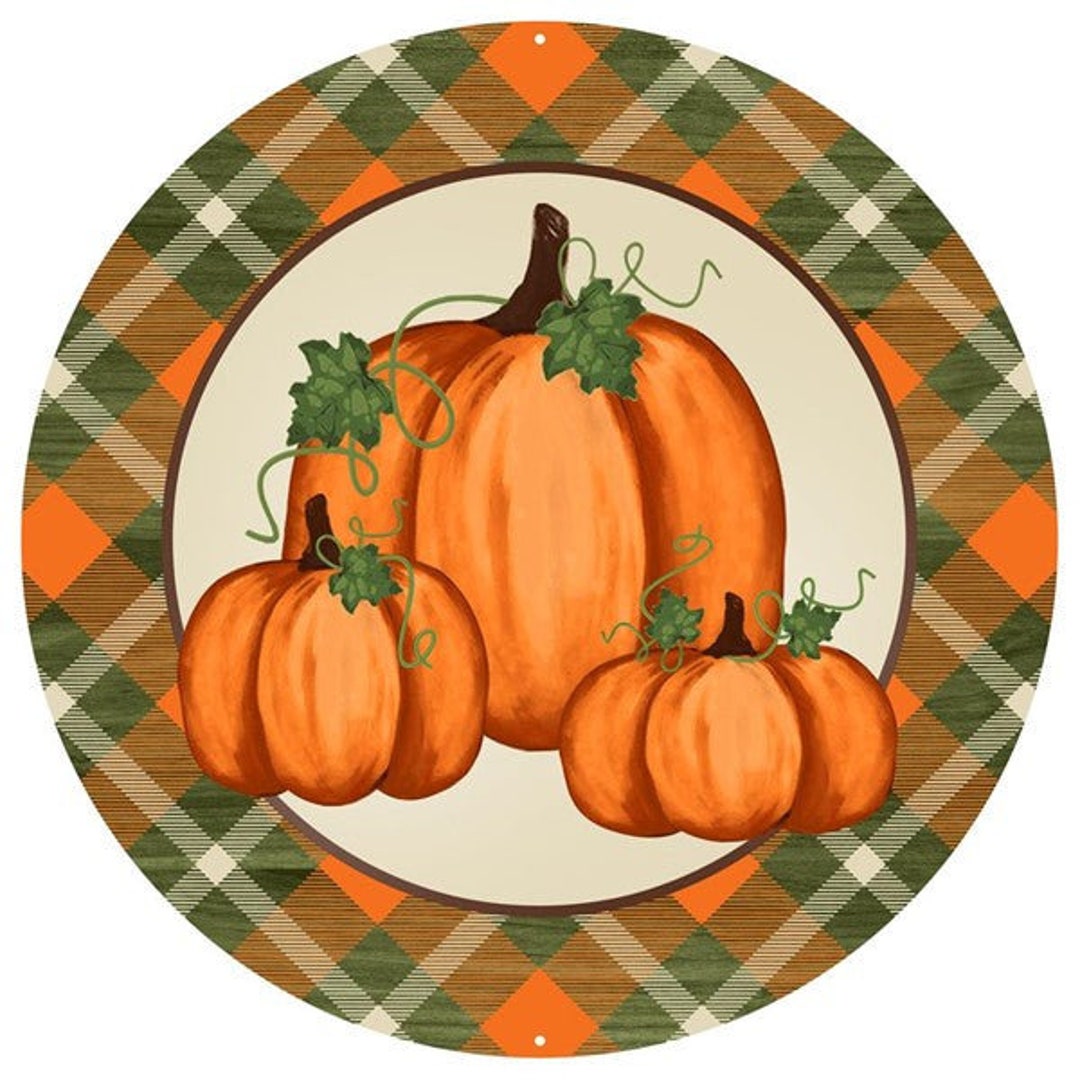 Round Fall Autumn Pumpkin Plaid Sign Green Orange Cream 12 - Etsy
