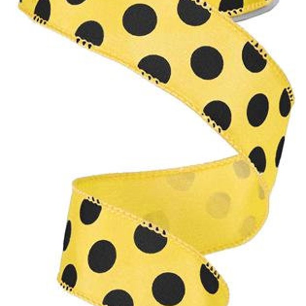 Polka Dot Wired Ribbon, Yellow Black Ribbons, Wreath Ribbon, Bee Ribbon, Yellow and Black, 1.5 inches x 10 Yards, Spring Bumblebee RG1586AN