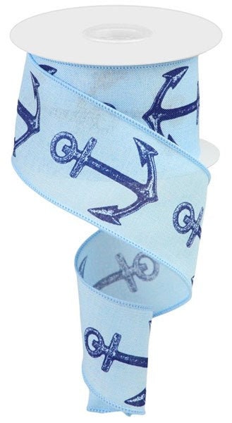 Blue Anchor Nautical Wired Ribbon, Coastal Wreath and Bow Supply, 2.5 ...