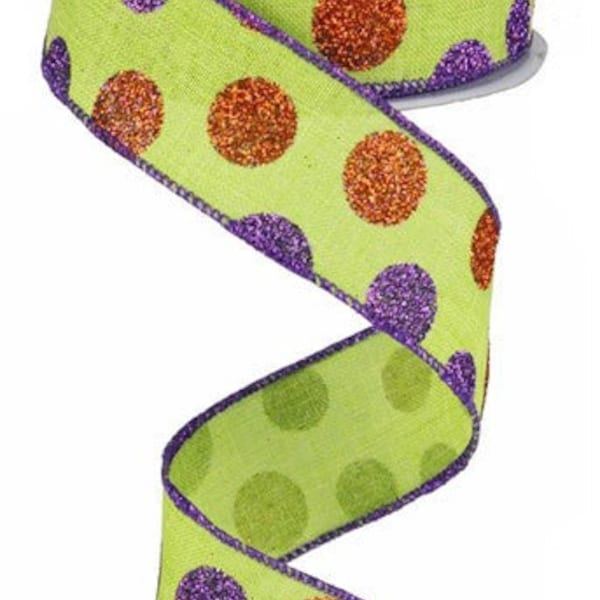 Green with Purple & Orange Polka Dot Accent Wired Ribbon, Ribbon to Make Halloween and Birthday Wreath and Bow, 1.5 Inch x 10 Yard RG0170633