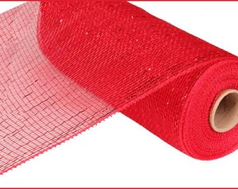 Red Deco Poly Mesh Ribbon, Metallic, 10 inches X 10 yard, DIY 4th of July, Wedding Christmas RE130124