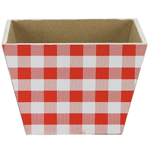 May include: Red and white gingham planter, a square shaped planter with a gingham pattern.