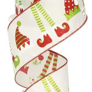 May include: White wired ribbon with a red, green, and white elf design. The ribbon features elf legs, hats, and shoes.