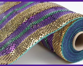Mardi Gras Stripe Deco Mesh: Purple, Gold, Green (10 Inches x 10 Yards)