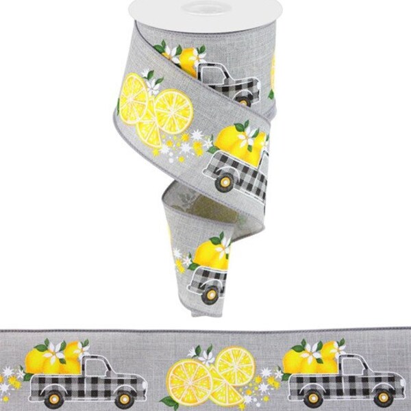 Lemon Wired Ribbon, Yellow Black, 2.5 inch x 10 Yard, Gingham Truck, Summer, DIY, Lemonade RGC178510