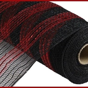 Poly Deco Mesh for Making Professional-Quality Holiday Wreaths, 10.5 inches X 10 yards, Valentine, Rustic Festive Metallic Stripe, Black Red
