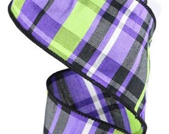 DIY Bow Plaid Wired Ribbon, Wired Wreath Ribbon, Ribbons for Making Bows, Purple & Green Halloween, 2.5 Inches x 10 yards RGC1332YR